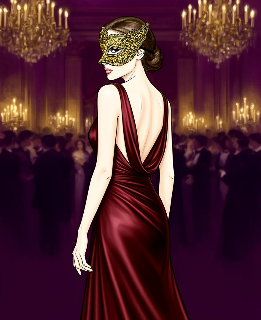 A woman in a deep red gown and a gilded Venetian half-mask, at a candlelit ball